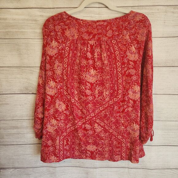 Lucky Brand S red Paisley Banana Y2K 90s Boho Peasant 3/4 sleeve top - Picture 7 of 7